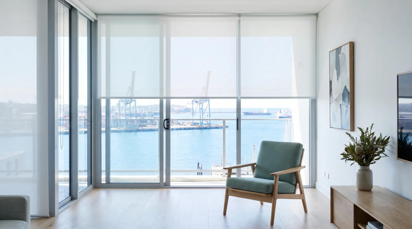 Harbour still visible through sheer blinds on apartment glass