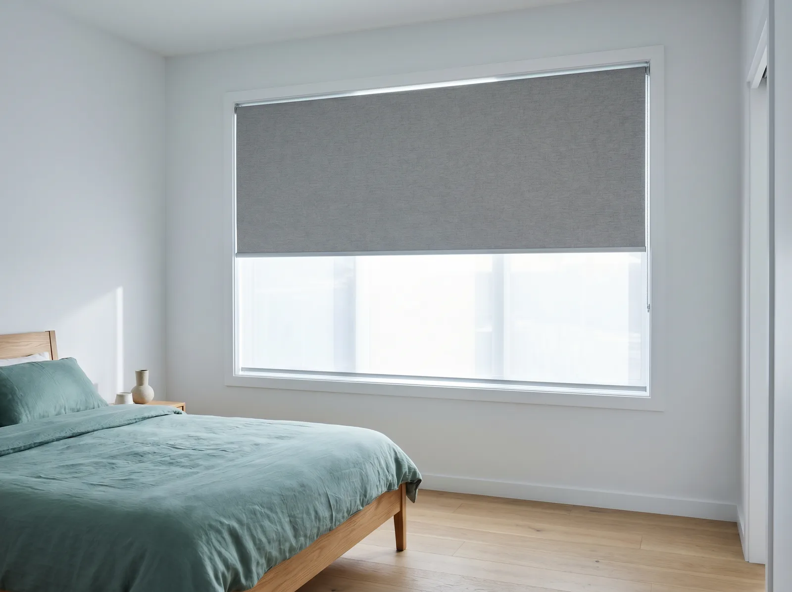 Dual roller on one window: blockout layer half-raised behind a lowered sheer layer