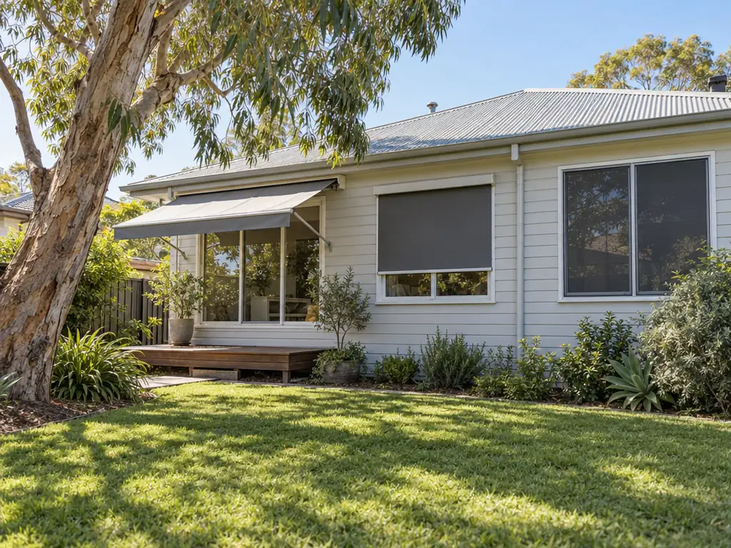 The rear of a single-storey Australian weatherboard cottage on a sunny afternoon: a retractable fabric awning extended over one window, an external roller blind lowered most of the way on a second window, mesh solar screens fitted in the frame of a third, and a gum tree casting light shade on the lawn