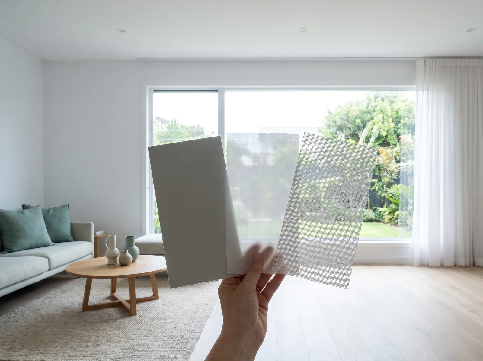 Three roller fabric swatches held against a bright window: blockout passing no light, light-filter glowing, sheer showing the garden through the weave