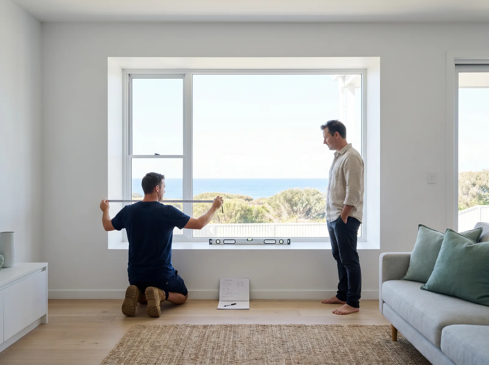 Installer measuring a wide window with a tape while the homeowner watches