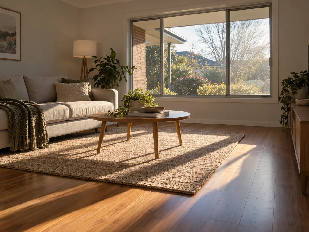 Living room in winter with low sun through a wide aluminium window across a rug and timber floor, a bare tree outside