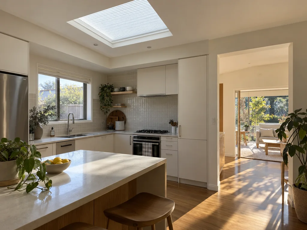 Kitchen with a pleated blind drawn across a skylight, the island bench in shade and sunlight through a doorway beyond