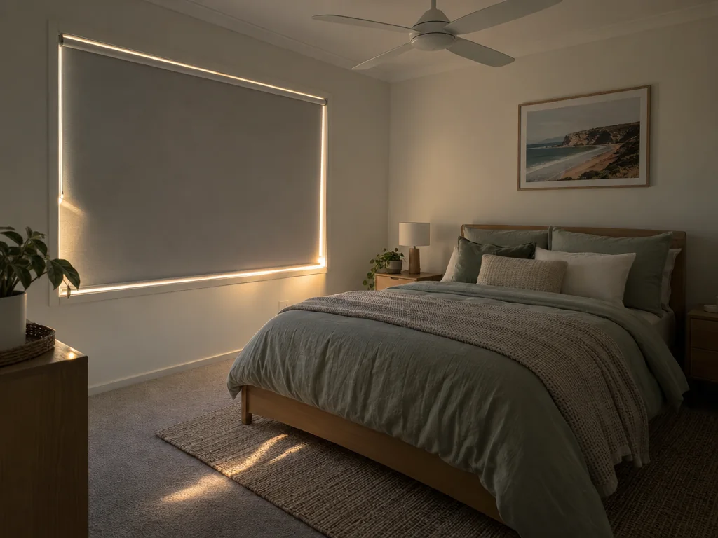 Bedroom in low morning light with a roller blind pulled down, light glowing at its edges, a made bed and a ceiling fan
