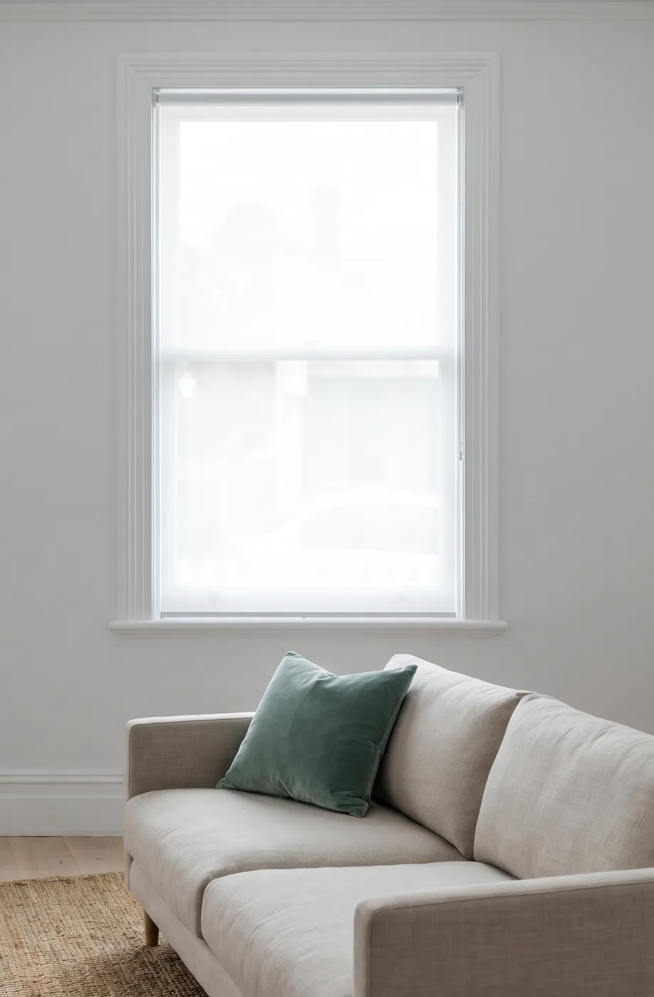 Terrace front room bright behind a lowered light-filtering blind