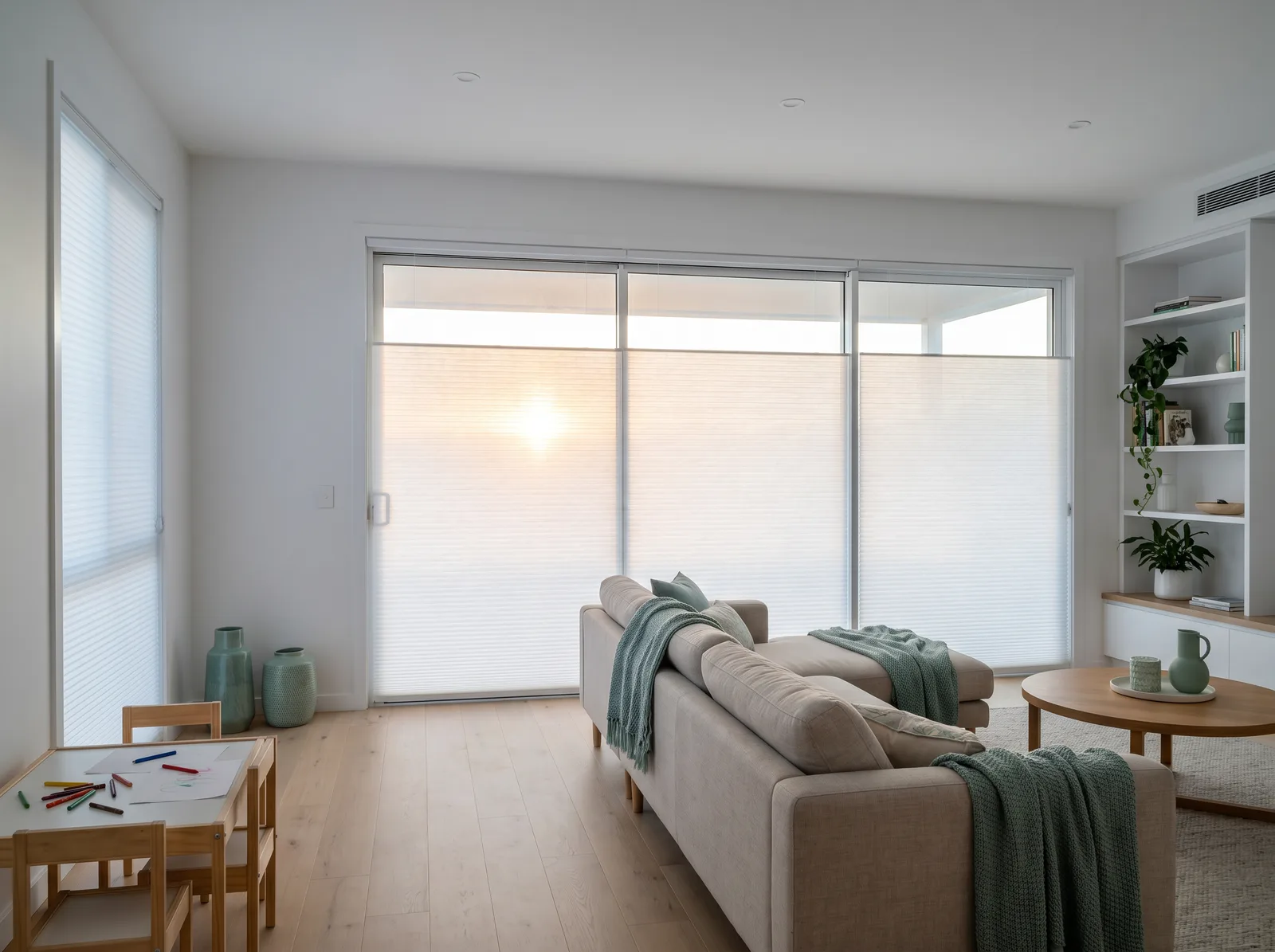 Honeycomb blinds keeping an open-plan room usable against low western sun