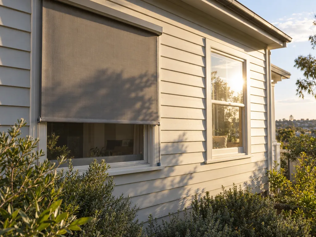 Weatherboard house in late afternoon sun, an external mesh blind lowered over one window and the window beside it glaring